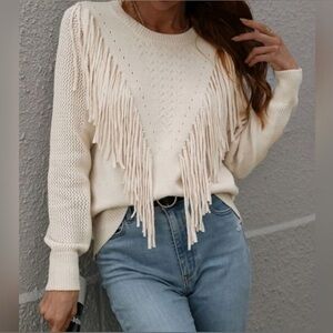 S. BNWT Boho Fringe Cream Sweater